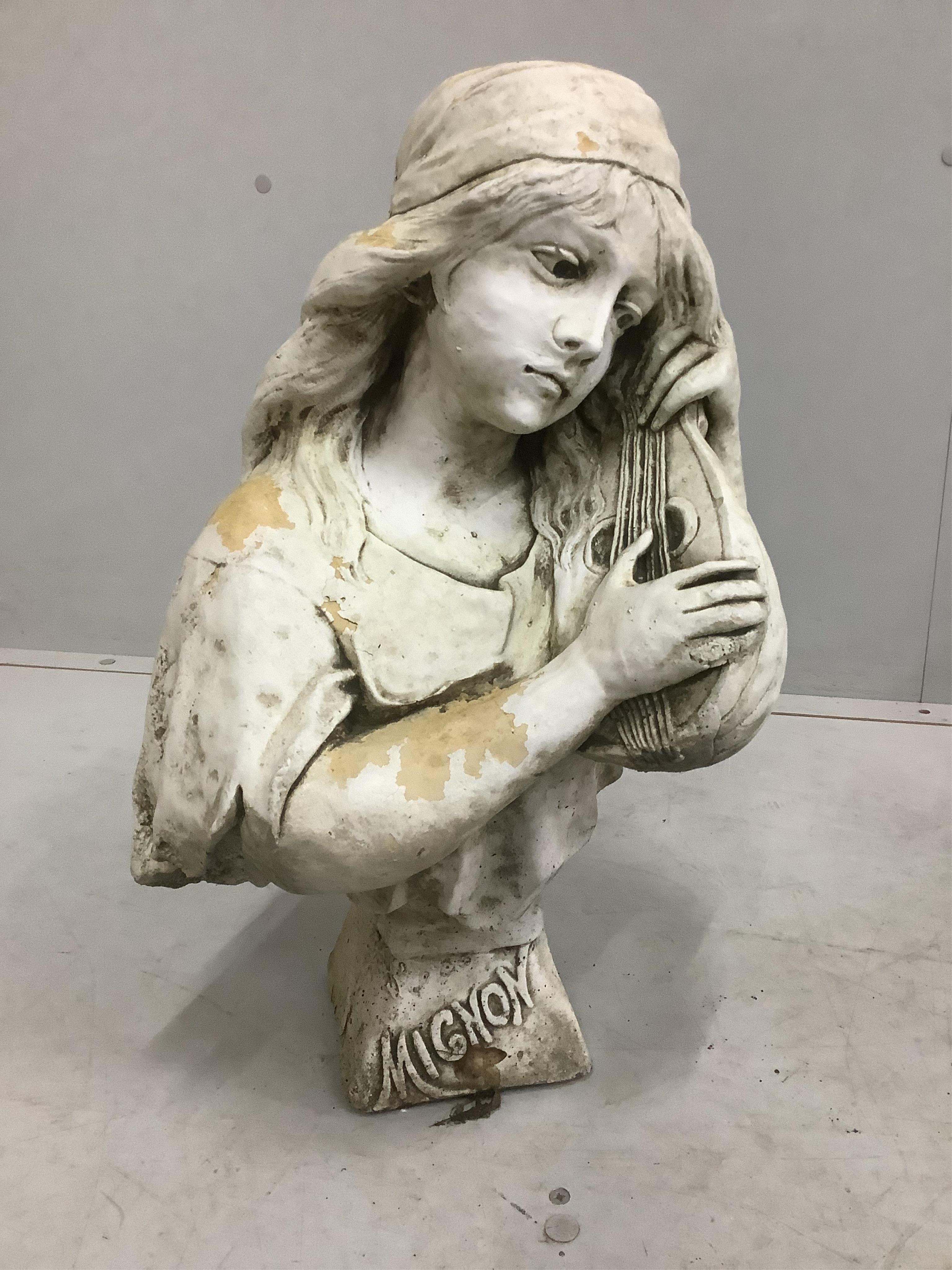 Three Art Nouveau style cast plaster busts, largest height 50cm. Condition - fair